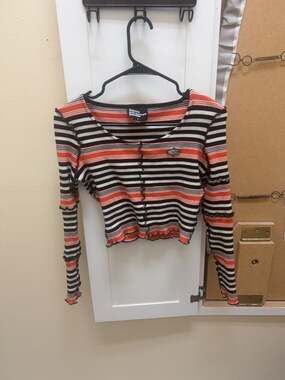 Basic Pleasure Mode Striped Long Sleeve Lettuce Edge Crop Top Size 8